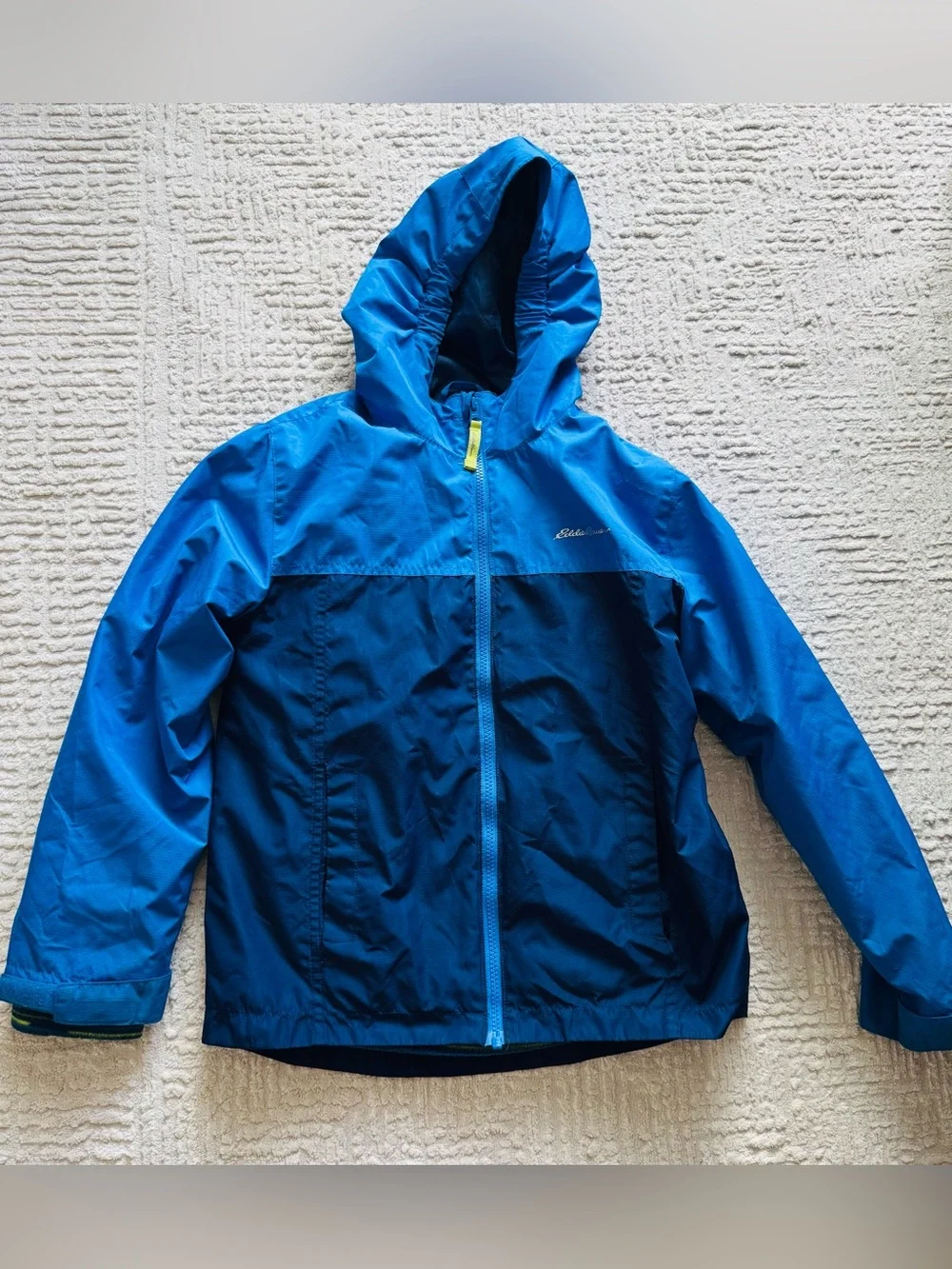 Eddie Bauer Boys' Two-Tone Blue Hooded Rain Jacket